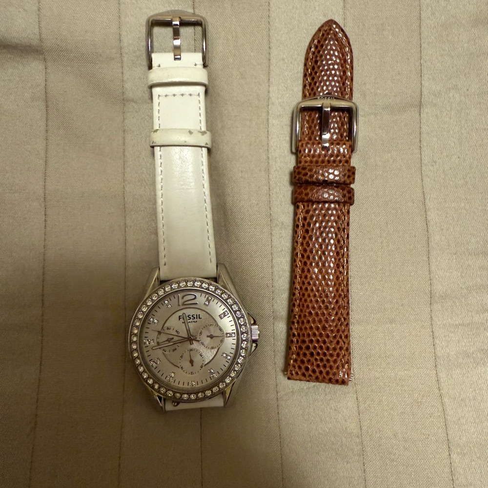 Fossil Silver Watch with White and Brown Straps